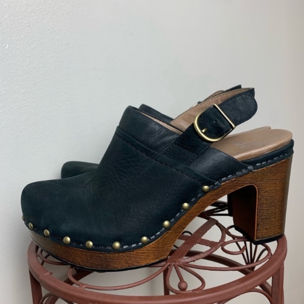 Dansko Black Leather Heels with Brown Wooden Sole